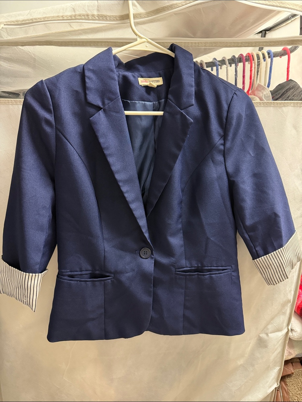 Navy Single-Button Blazer with Striped Cuff Detail